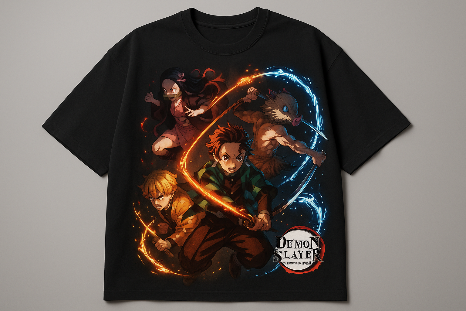 Black color oversized T-Shirts Unisex with Demon Slayer - Kimetsu on it using this lighting technique in proper action mode